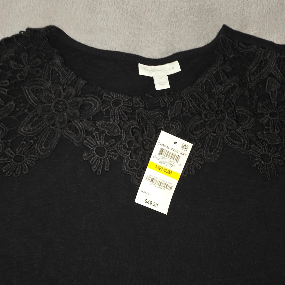 Charter Club Womens Black Lace Yoke Short Sleeve Knit‎ Top Medium NWT